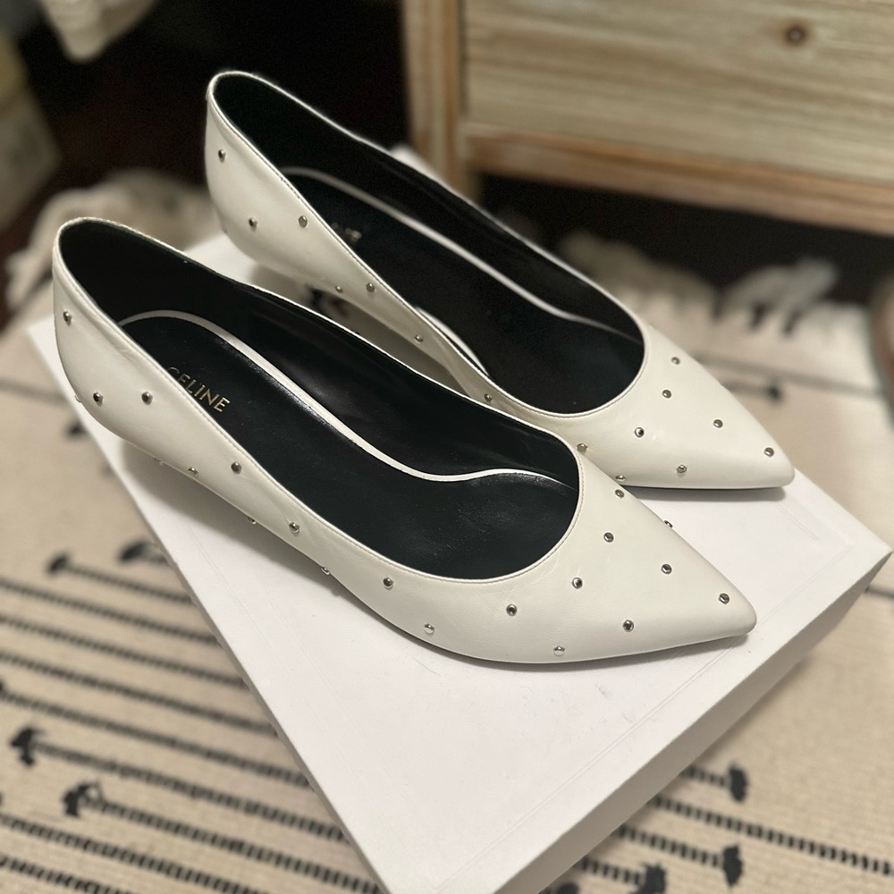 Celine White Leather Studded Kitten Heal Pumps
